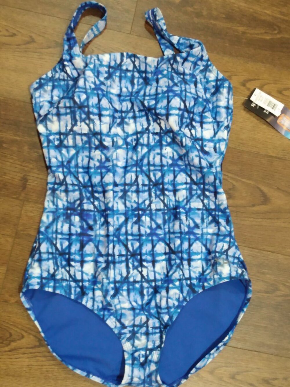 NWT Women's Speedo Swimsuit One Piece Size 12 Padded Blue Abstract Bathing Suit